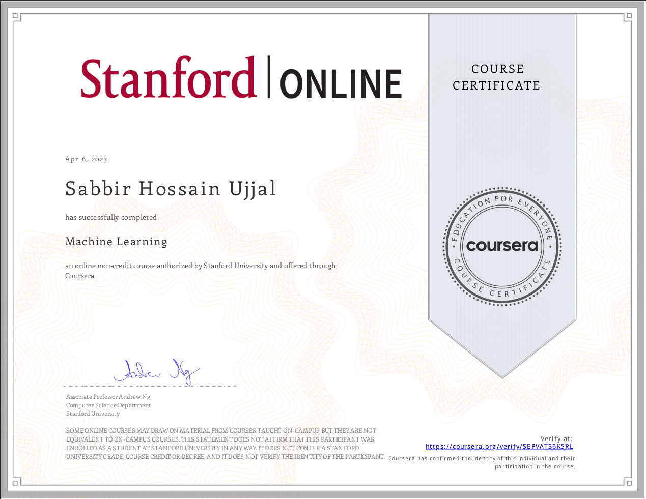Machine Learning Course completion Certificate