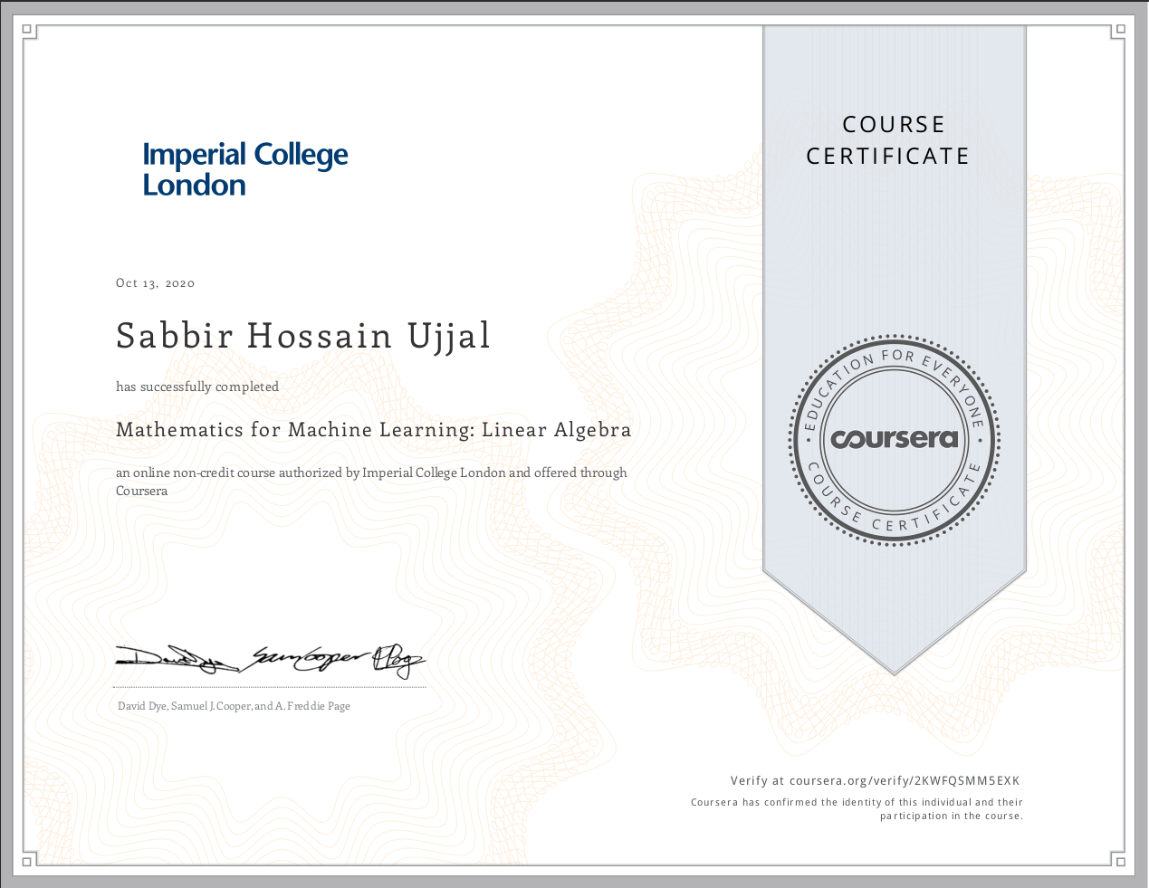 Mathematics for Machine Learning: Linear Algebra Course completion Certificate