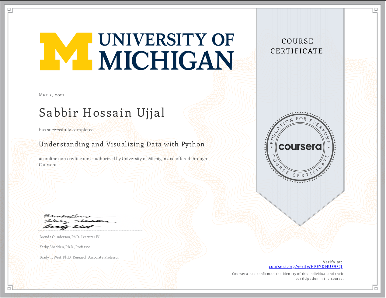 Understanding and Visualizing Data with Python Course completion Certificate