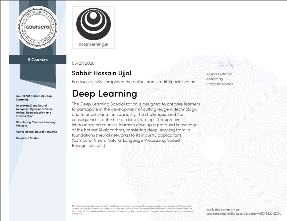 Deep Learning Specialization certificate