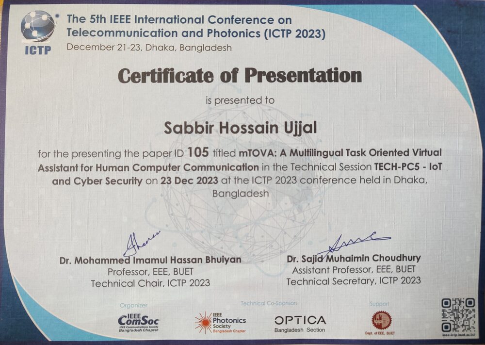 IEEE ICTP paper presentation certificate