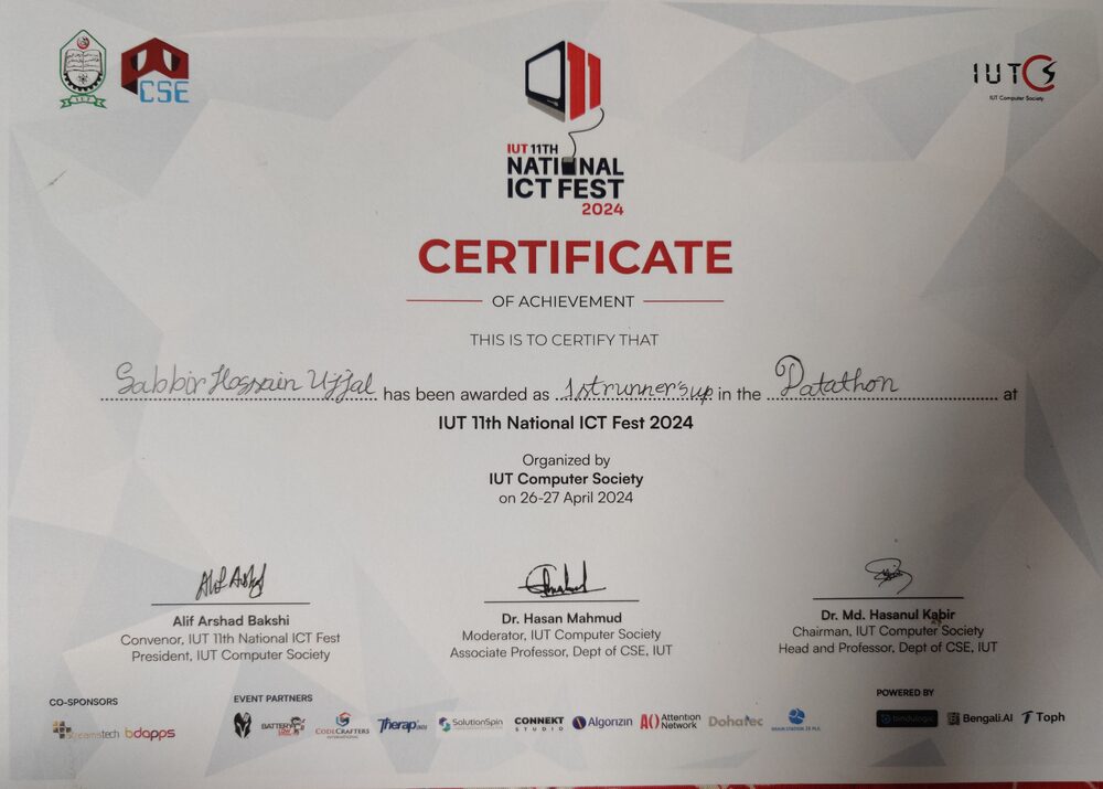 IUT National ICT Fest Datathon certificate