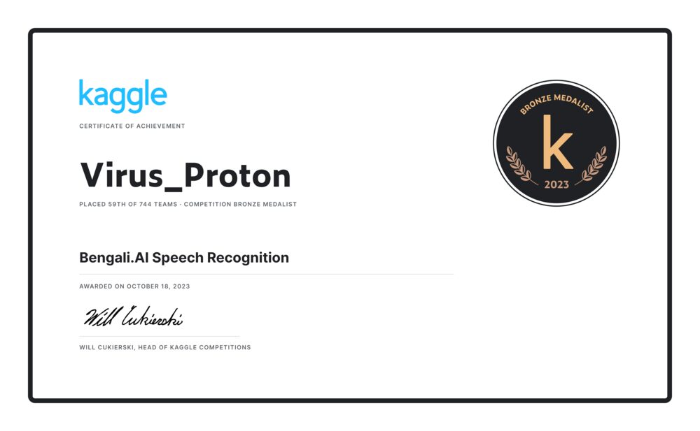 Bengali.AI Speech Recognition bronze medal certificate