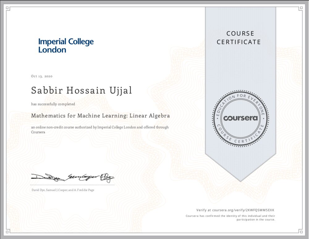 Mathematics for ML: Linear Algebra certificate
